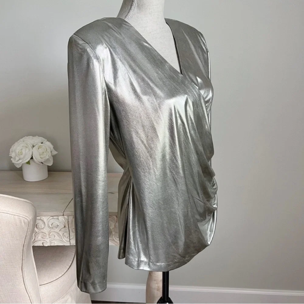Vintage 80s Betsy & Adam Lame Metallic Faux Wrap Big Shoulder Pad Blouse L - Picture 3 of 6